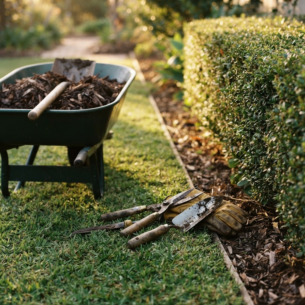 Landscaping hand tools and a wheelbarrow of mulch beside a freshly trimmed garden hedge