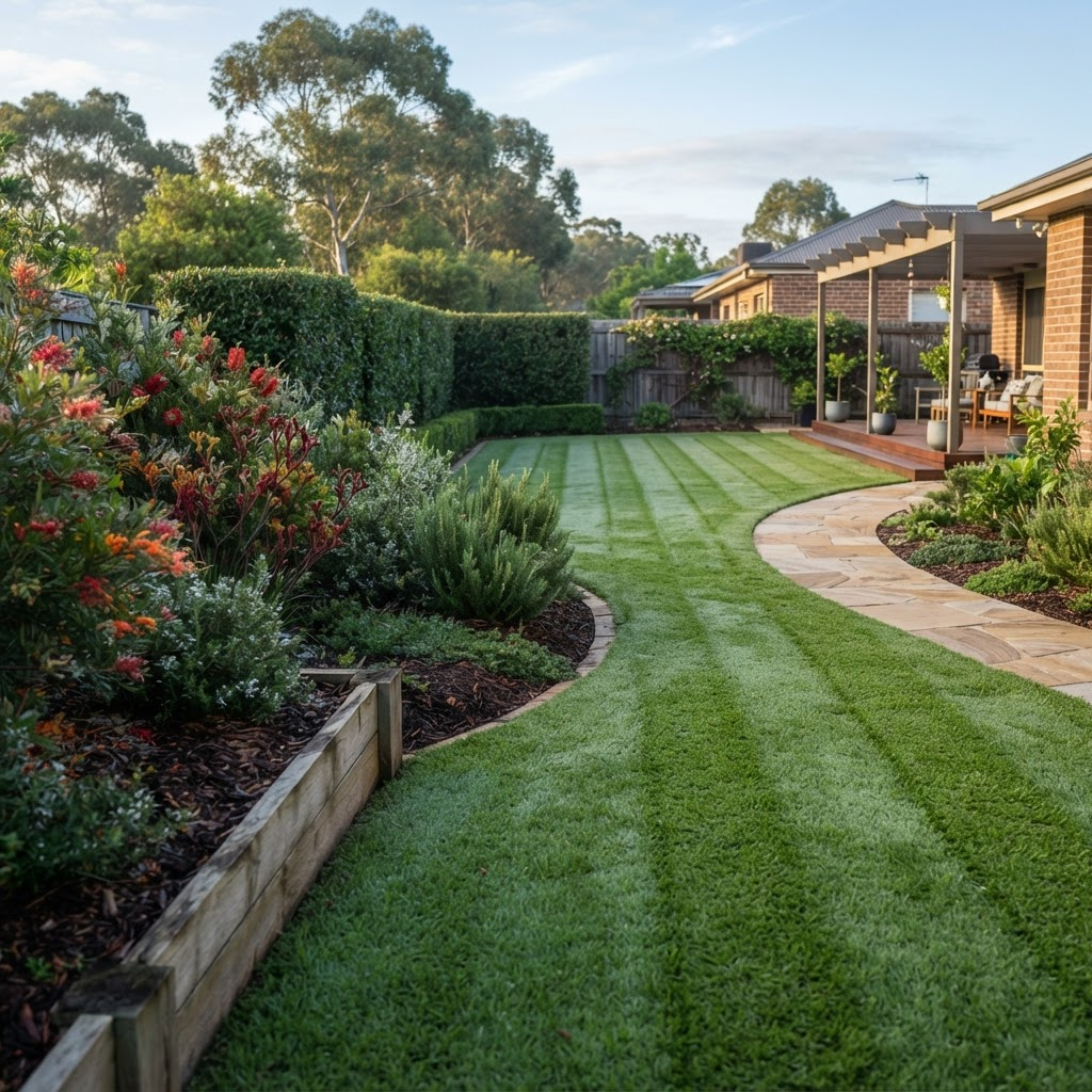 A neatly mowed lawn, trimmed hedges and a paved garden path in a well-maintained Vermont South backyard